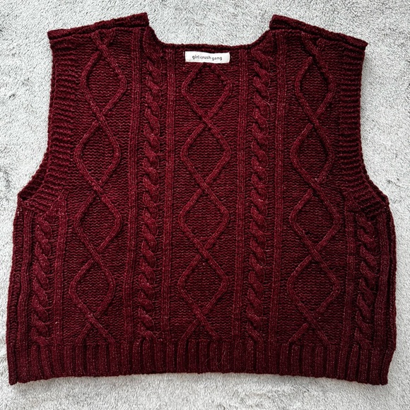 Girl Crush Gang Cable Knit Sleeveless V-Neck Sweater Vest Burgundy/RedWine Small - Picture 4 of 11